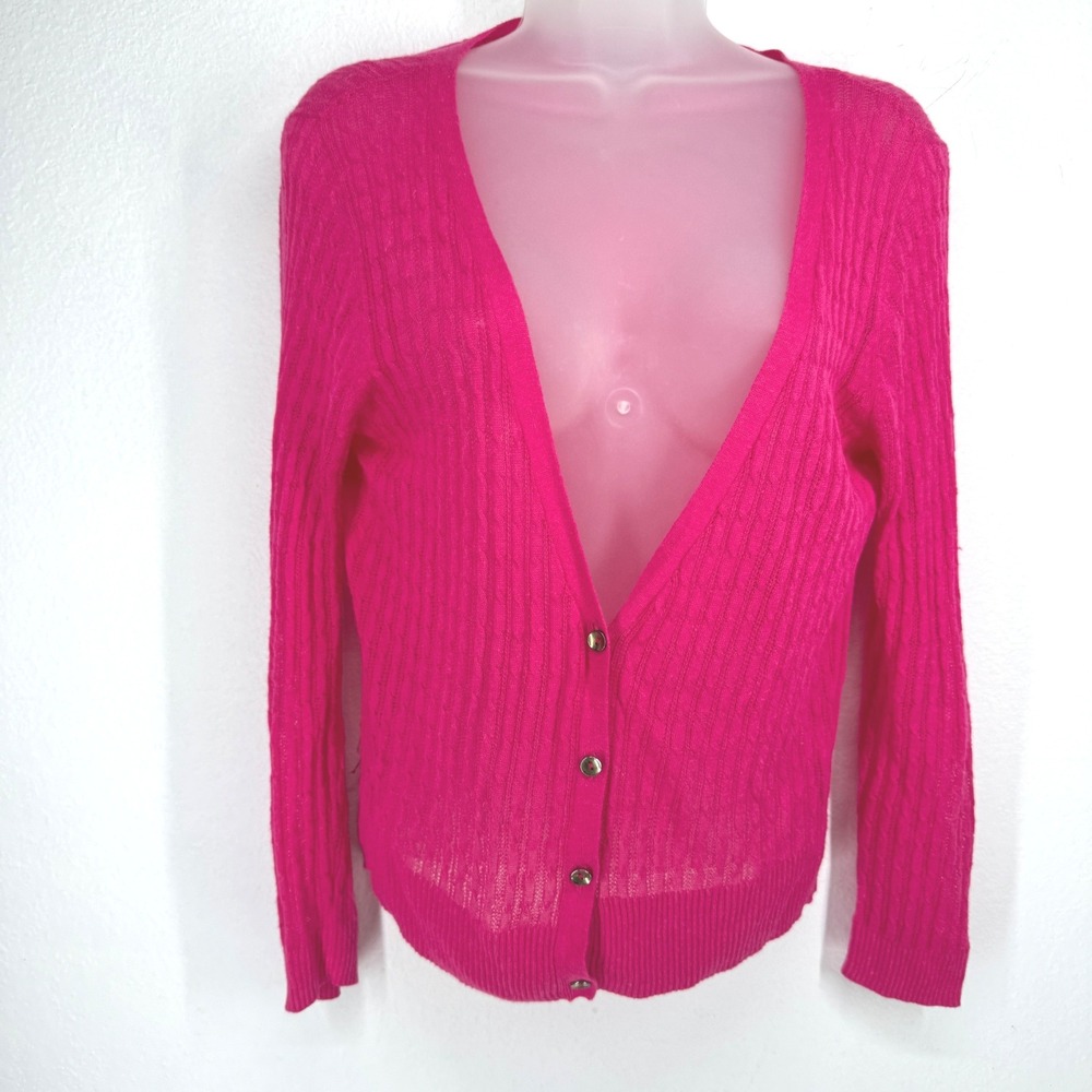 Womens Hot Pink Pointelle Cable Knit Sheer Cardigan Sweater Size M Layer Preppy